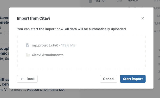 The “Import from Citavi” dialog with “my_project.ctv6 · 119.8 MB” and a Citavi Attachments folder queued, noting all data will be uploaded automatically, above Back, Cancel and “Start import” buttons.